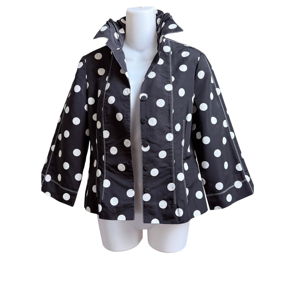 Carlisle Black White Polka Dot 100% Silk Ruffle Collar Jacket Size 4 US 6 UK